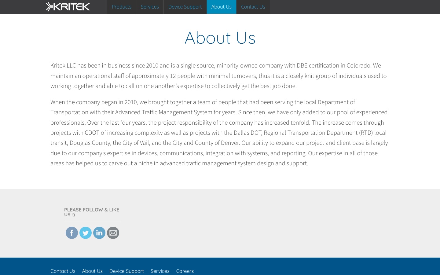 Kritek LLC About Us page, captured from the shipped build.
