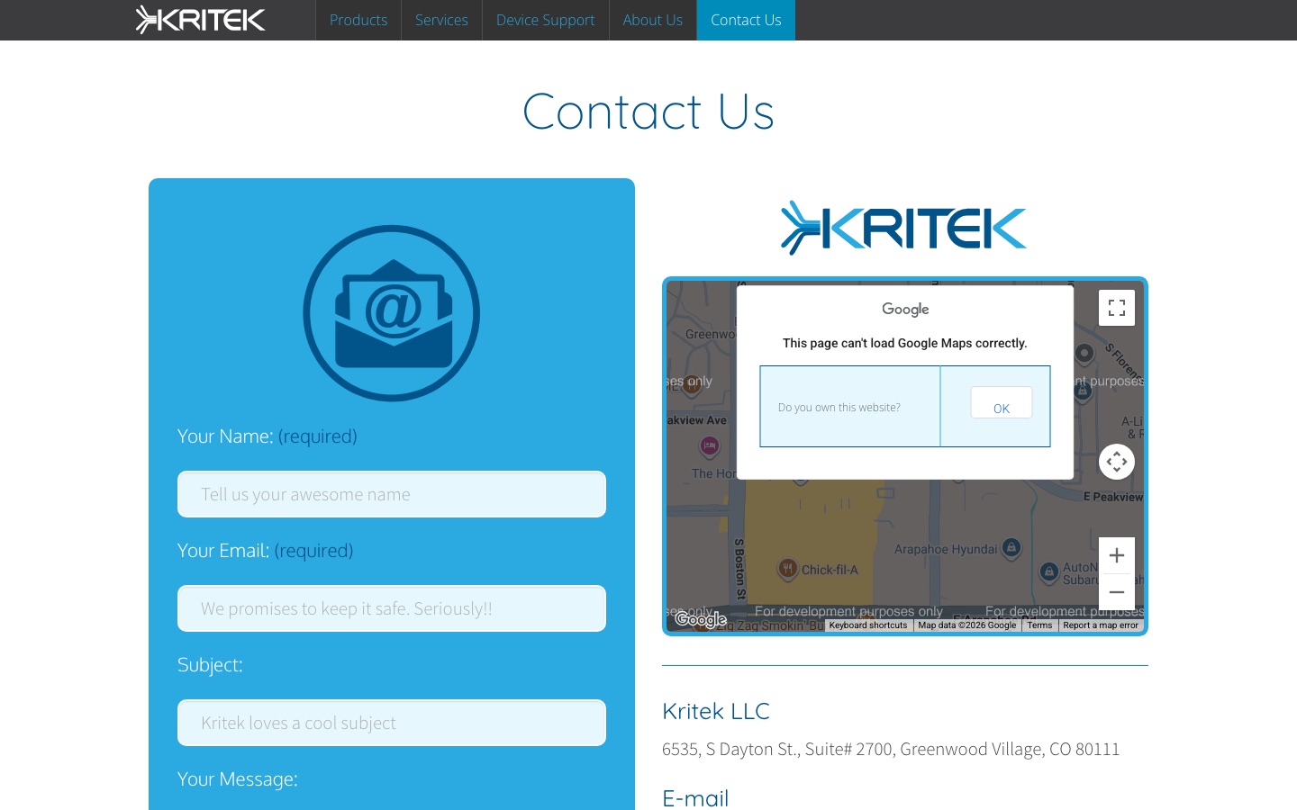 Kritek LLC Contact Us page, captured from the shipped build.