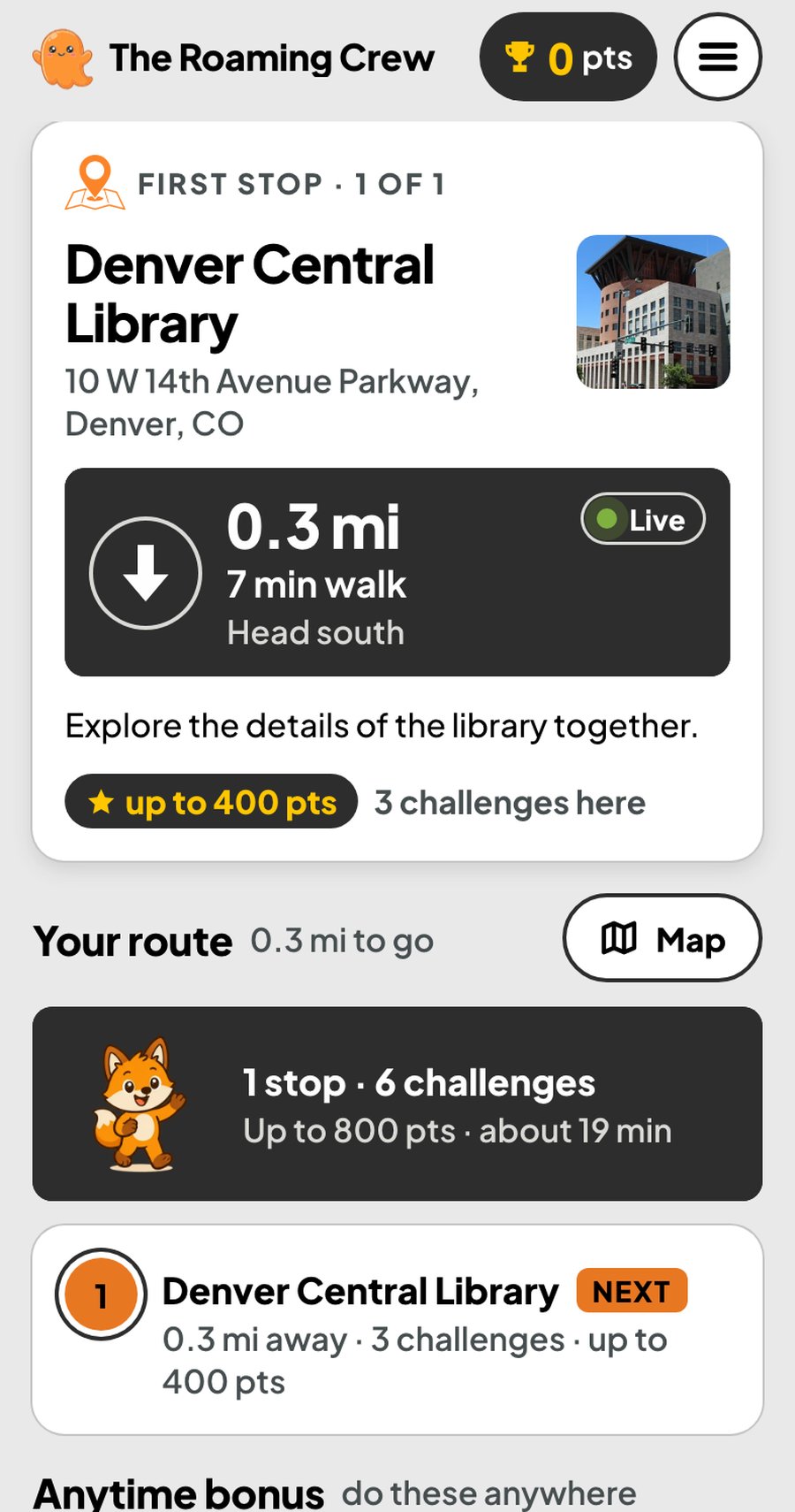 The redesign’s core: a single Next Stop card up top with live distance, a bearing arrow and one primary action, then an always-visible numbered route underneath.