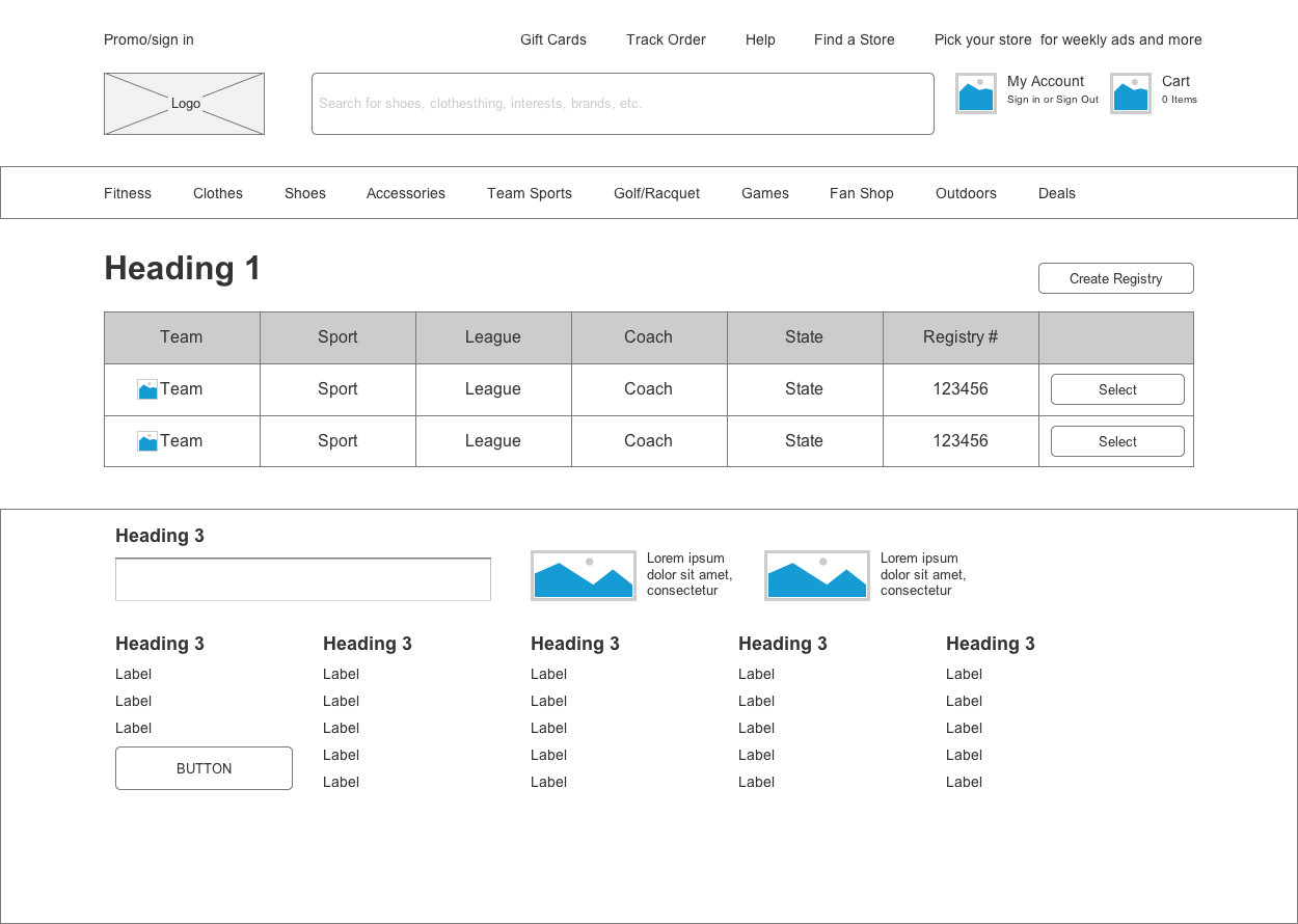 Low-fidelity Axure wireframe of the team registry table.